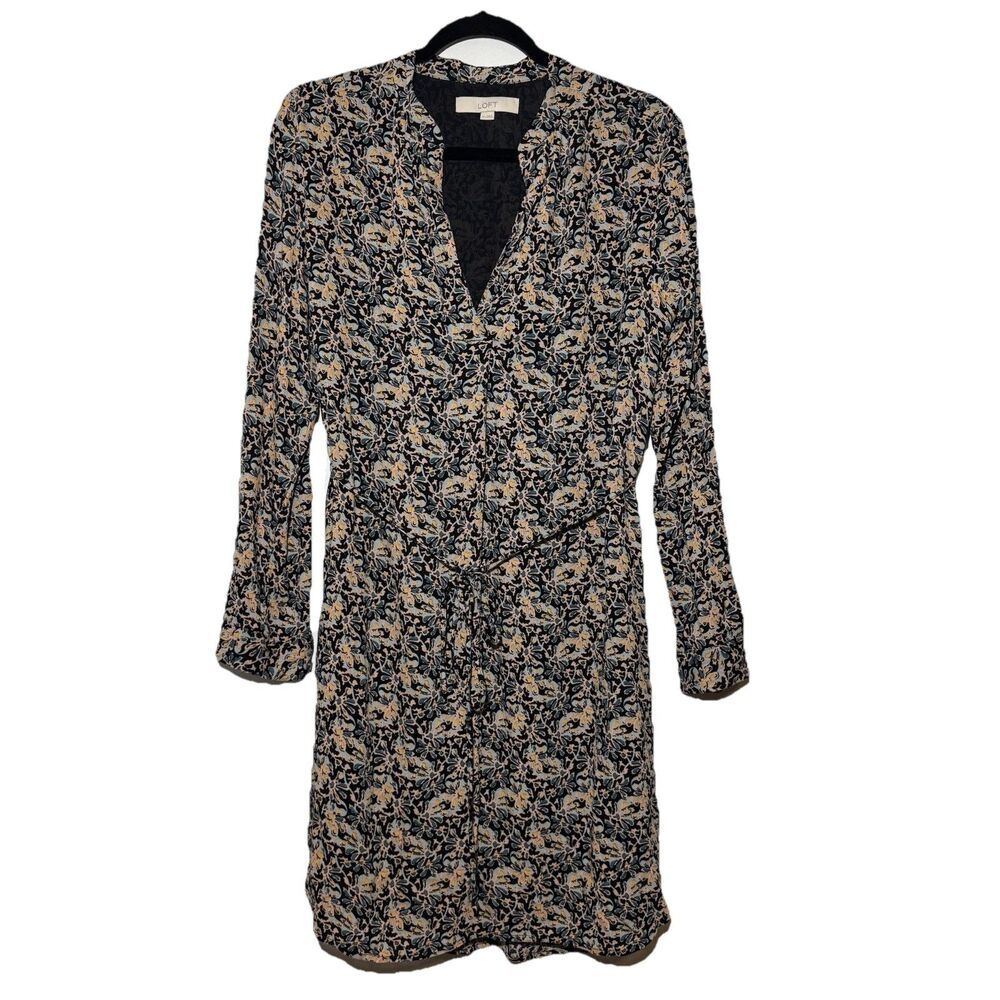LOFT Black Floral Shirt Shift Short Dress Belted V Neck Lined Rayon Size Medium